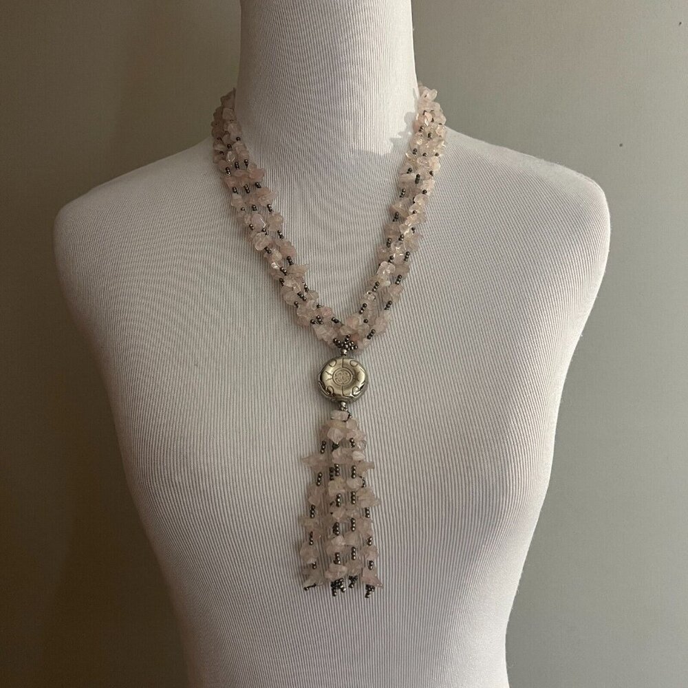 Tassel Necklace Pink Rose Quartz Silver Beaded Multi Strand Statement Fashion